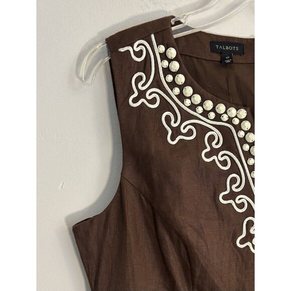 TALBOTS 100% Linen Shift Dress Women 10 Brown White Beaded Sleeveless Career NEW - Picture 6 of 13
